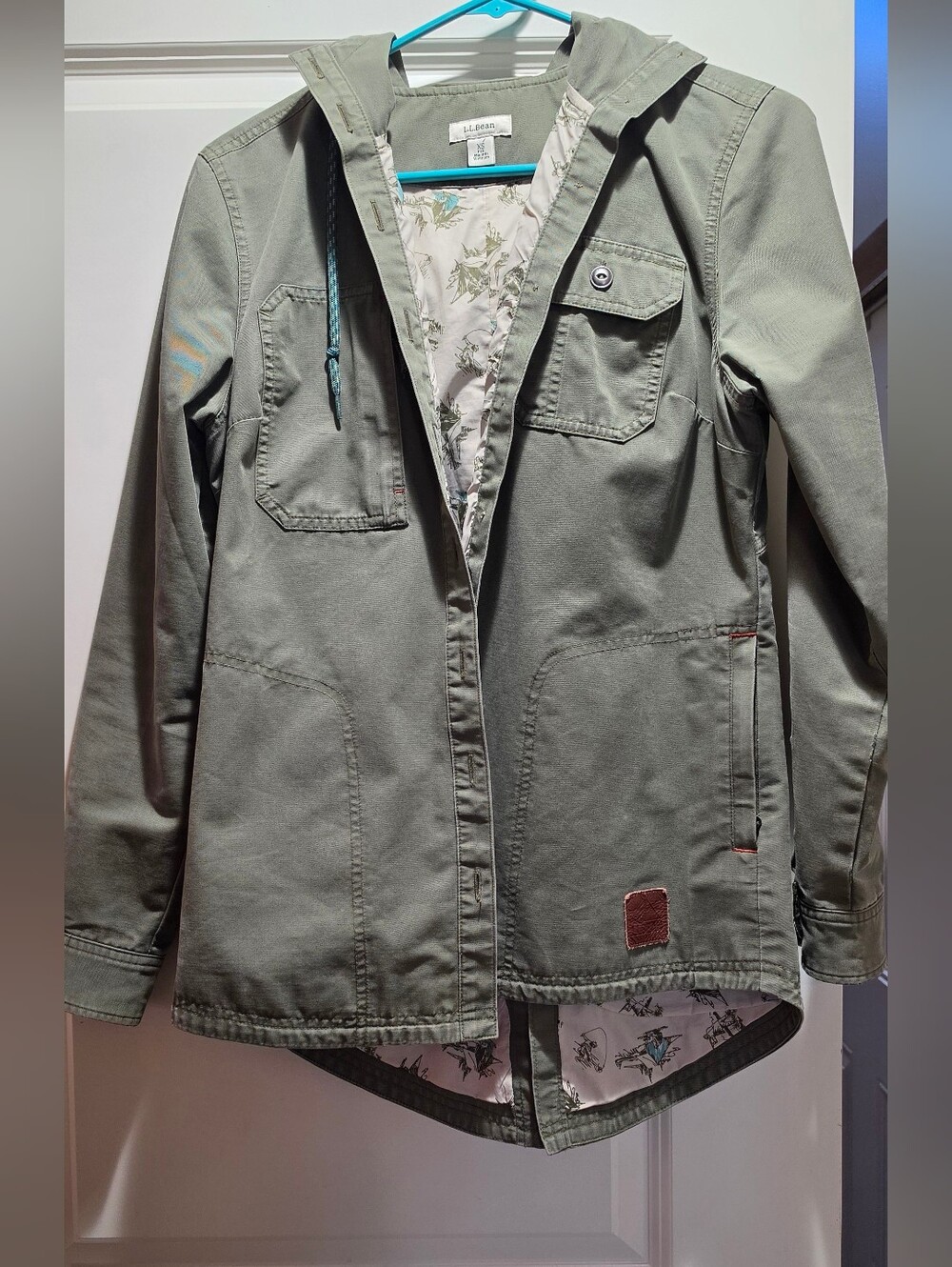 L.L. Bean Olive Green Hooded Jacket with Printed Lining